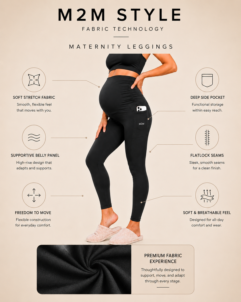 M2M STYLE Women's Maternity Leggings - Over-the-Belly Support with Pockets