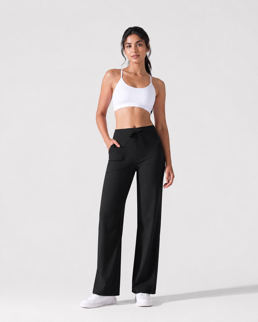 Women's Wide Leg Pants, Straight Leg Yoga Trousers with Pockets, Drawstring