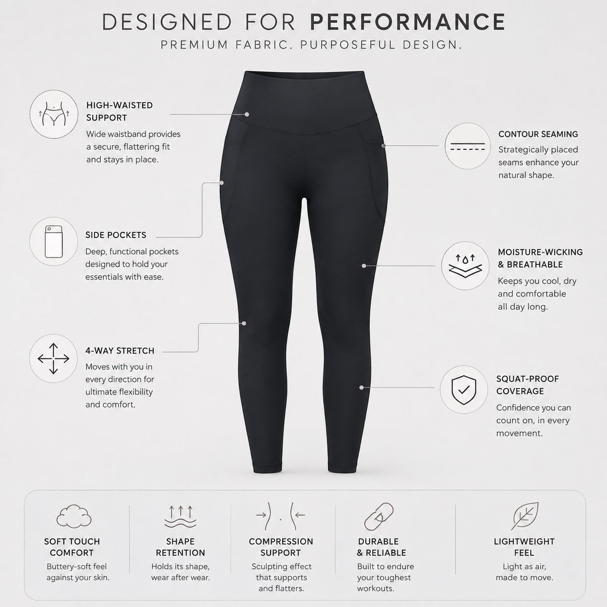Studio Women's High Waisted Leggings, Side Pocket
