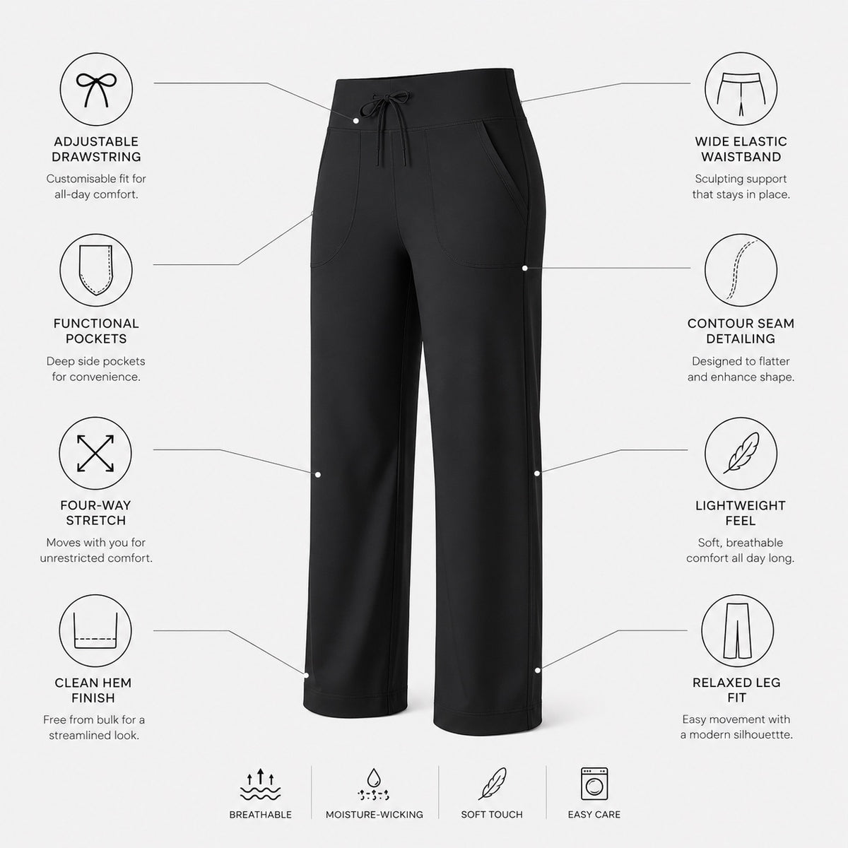 Women's Wide Leg Pants, Straight Leg Yoga Trousers with Pockets, Drawstring